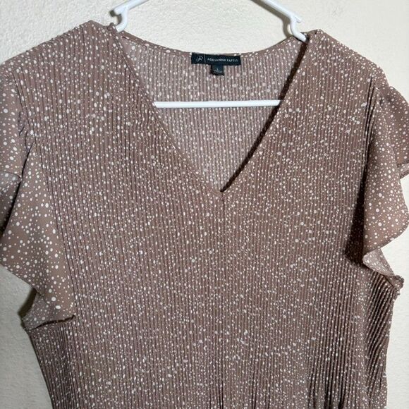 Adrianna Papell Blouse Women's Large Brown Polka Dot Pleated V-Neck Ruffle Top - Picture 3 of 8